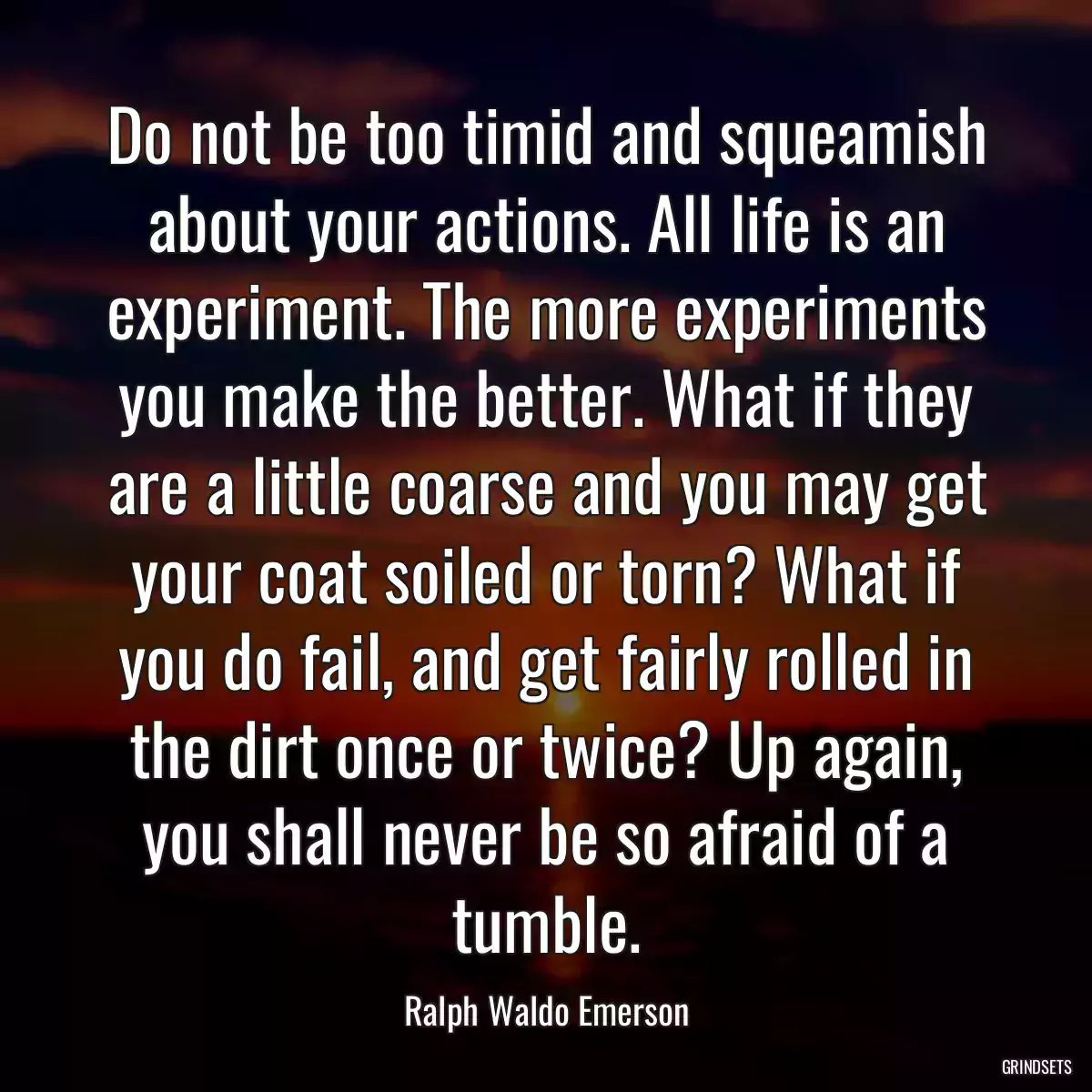 Do not be too timid and squeamish about your actions. All life is an experiment. The more experiments you make the better. What if they are a little coarse and you may get your coat soiled or torn? What if you do fail, and get fairly rolled in the dirt once or twice? Up again, you shall never be so afraid of a tumble.