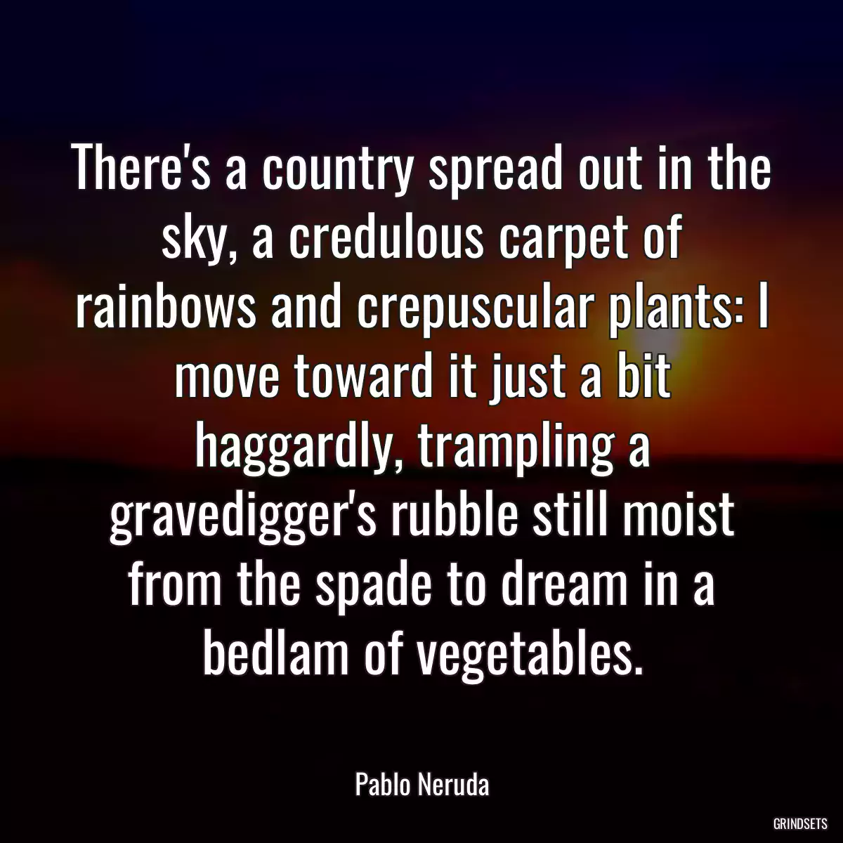 There\'s a country spread out in the sky, a credulous carpet of rainbows and crepuscular plants: I move toward it just a bit haggardly, trampling a gravedigger\'s rubble still moist from the spade to dream in a bedlam of vegetables.