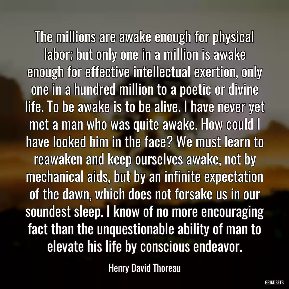 The millions are awake enough for physical labor; but only one in a million is awake enough for effective intellectual exertion, only one in a hundred million to a poetic or divine life. To be awake is to be alive. I have never yet met a man who was quite awake. How could I have looked him in the face? We must learn to reawaken and keep ourselves awake, not by mechanical aids, but by an infinite expectation of the dawn, which does not forsake us in our soundest sleep. I know of no more encouraging fact than the unquestionable ability of man to elevate his life by conscious endeavor.