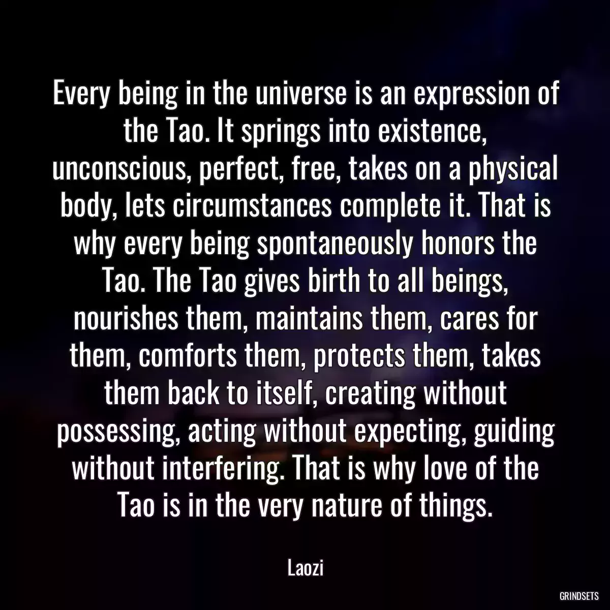 Every being in the universe is an expression of the Tao. It springs into existence, unconscious, perfect, free, takes on a physical body, lets circumstances complete it. That is why every being spontaneously honors the Tao. The Tao gives birth to all beings, nourishes them, maintains them, cares for them, comforts them, protects them, takes them back to itself, creating without possessing, acting without expecting, guiding without interfering. That is why love of the Tao is in the very nature of things.