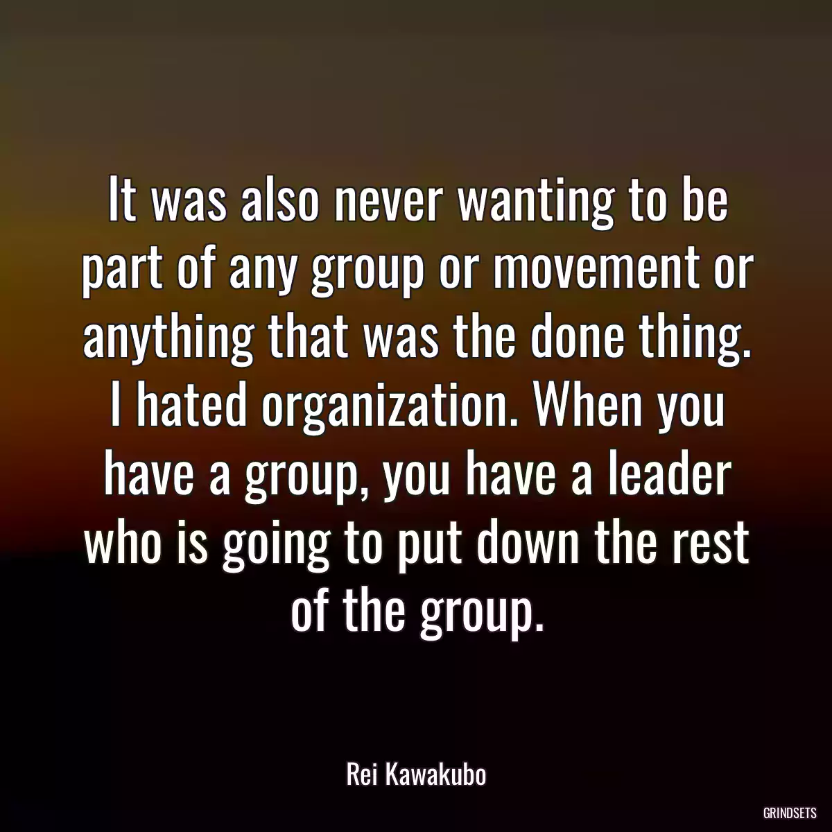 It was also never wanting to be part of any group or movement or anything that was the done thing. I hated organization. When you have a group, you have a leader who is going to put down the rest of the group.