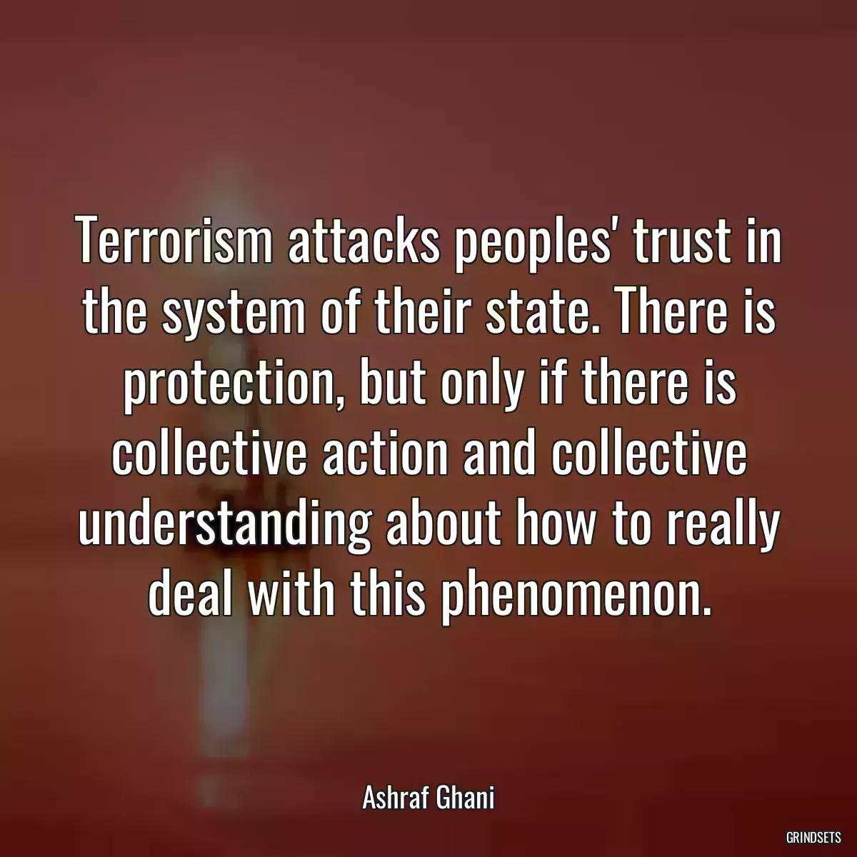 Terrorism attacks peoples\' trust in the system of their state. There is protection, but only if there is collective action and collective understanding about how to really deal with this phenomenon.