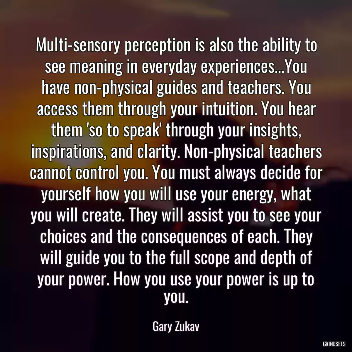 Multi-sensory perception is also the ability to see meaning in everyday experiences...You have non-physical guides and teachers. You access them through your intuition. You hear them \'so to speak\' through your insights, inspirations, and clarity. Non-physical teachers cannot control you. You must always decide for yourself how you will use your energy, what you will create. They will assist you to see your choices and the consequences of each. They will guide you to the full scope and depth of your power. How you use your power is up to you.