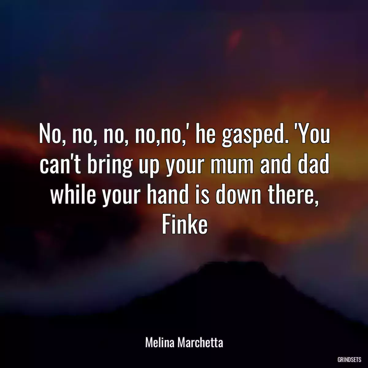 No, no, no, no,no,\' he gasped. \'You can\'t bring up your mum and dad while your hand is down there, Finke