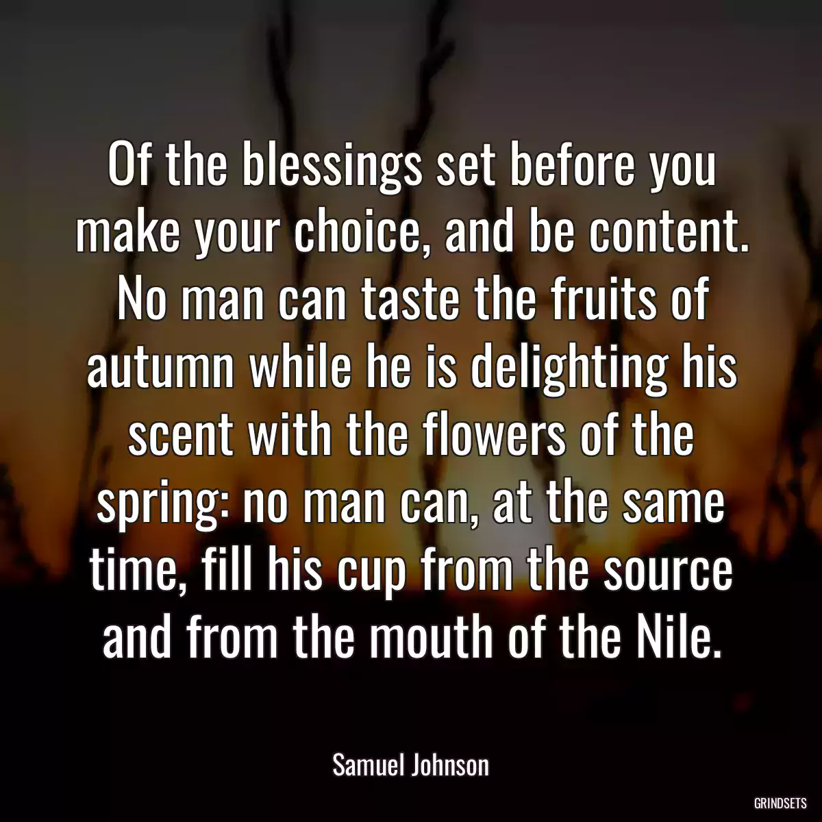 Of the blessings set before you make your choice, and be content. No man can taste the fruits of autumn while he is delighting his scent with the flowers of the spring: no man can, at the same time, fill his cup from the source and from the mouth of the Nile.