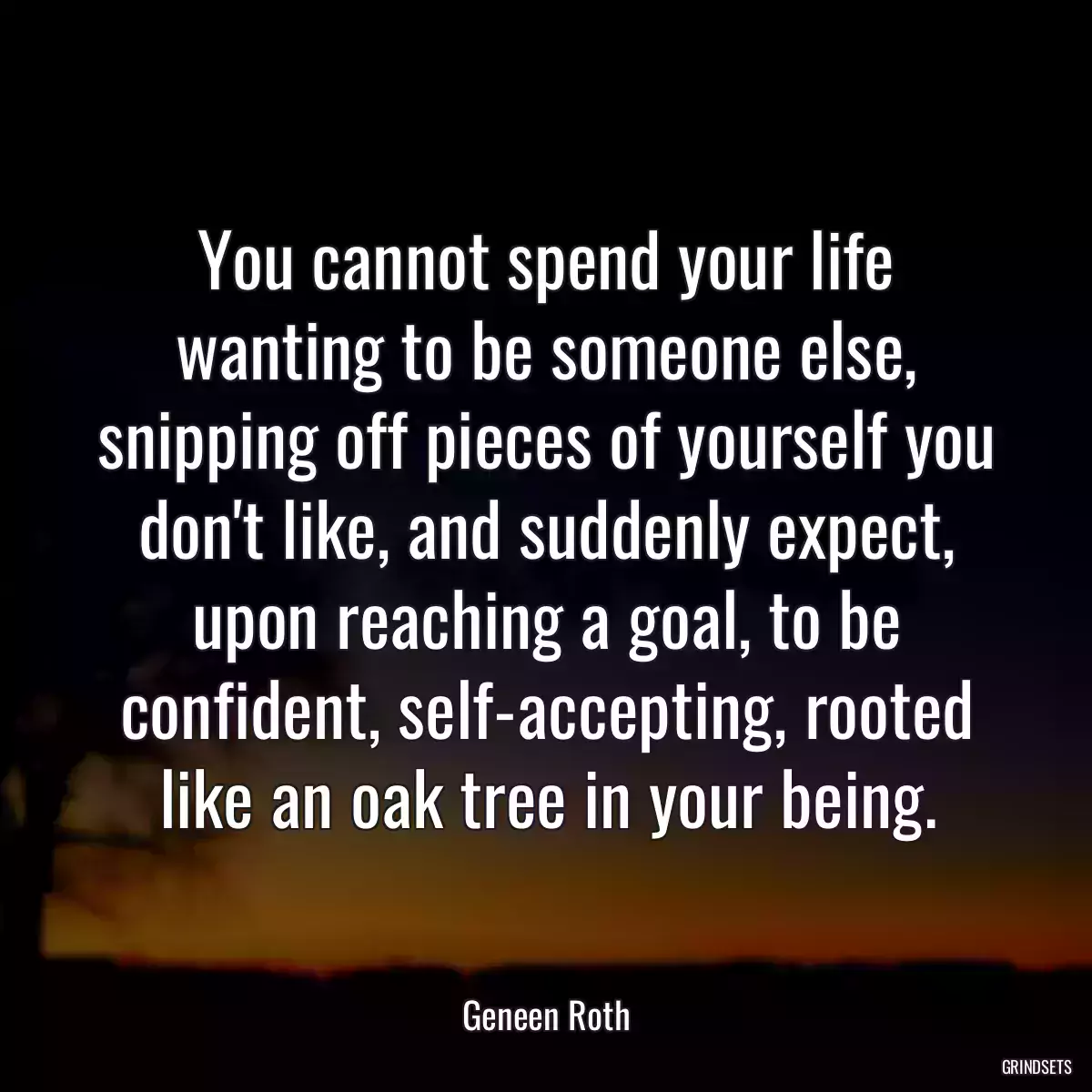 You cannot spend your life wanting to be someone else, snipping off pieces of yourself you don\'t like, and suddenly expect, upon reaching a goal, to be confident, self-accepting, rooted like an oak tree in your being.