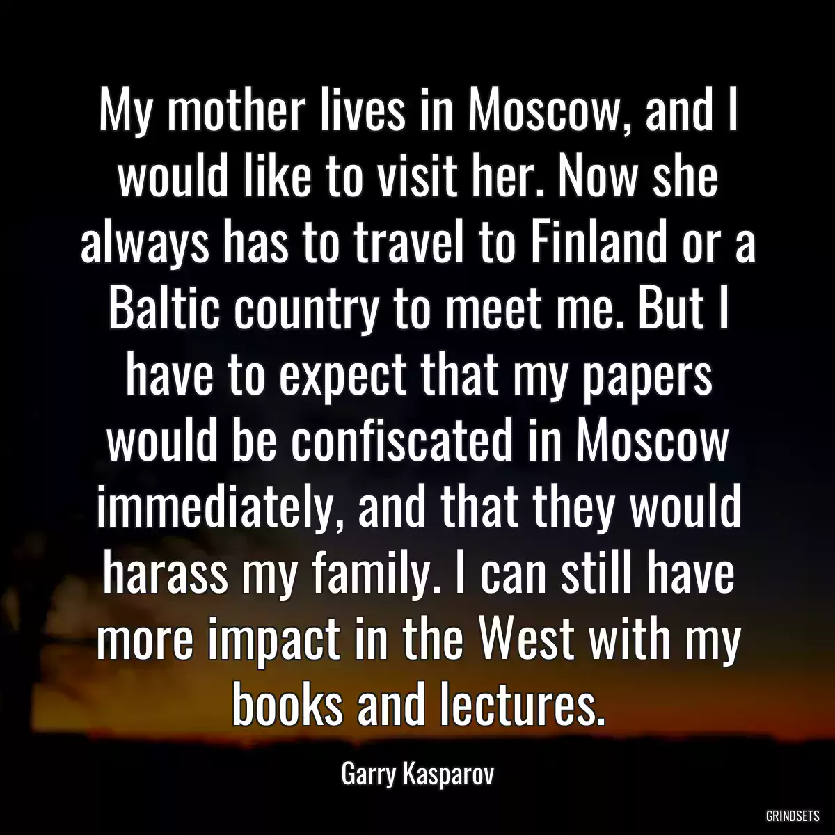 My mother lives in Moscow, and I would like to visit her. Now she always has to travel to Finland or a Baltic country to meet me. But I have to expect that my papers would be confiscated in Moscow immediately, and that they would harass my family. I can still have more impact in the West with my books and lectures.