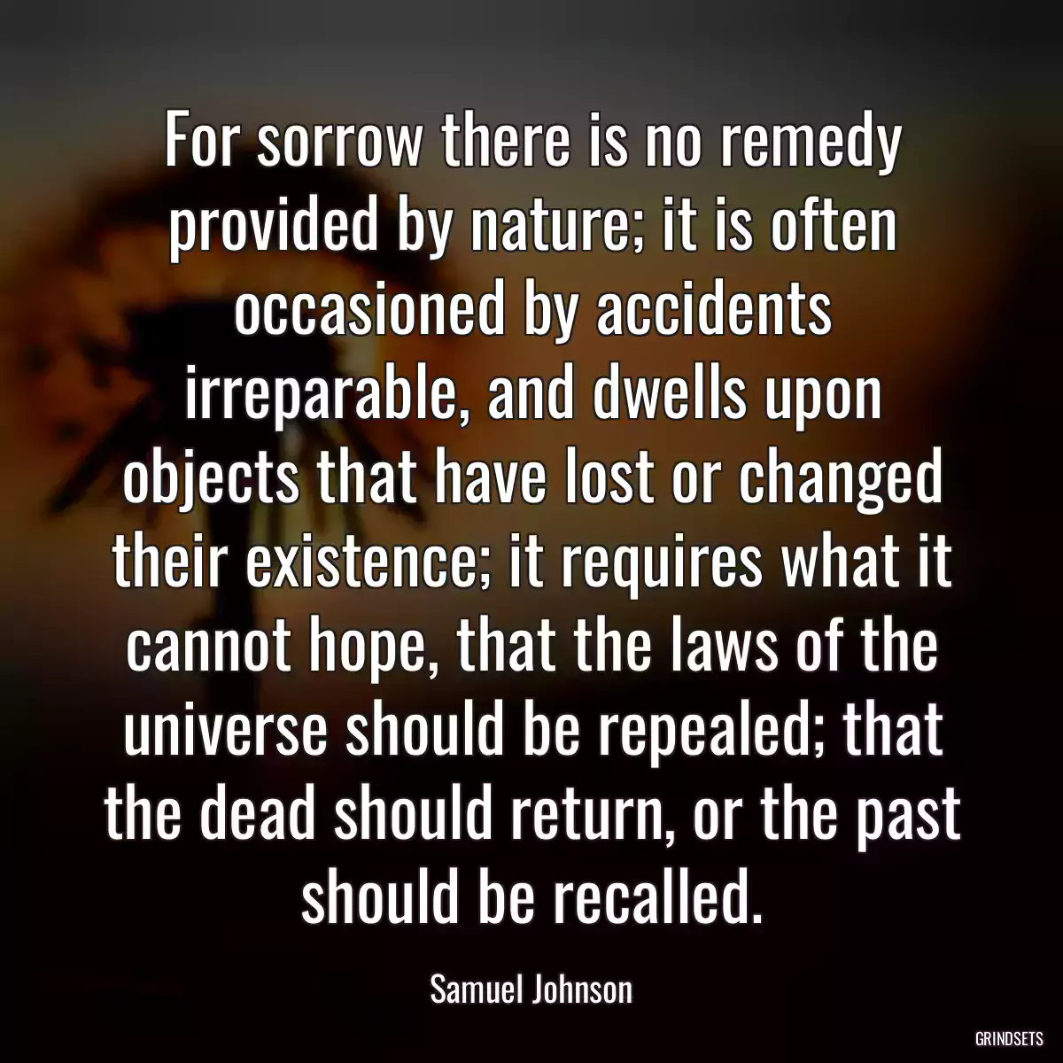 For sorrow there is no remedy provided by nature; it is often occasioned by accidents irreparable, and dwells upon objects that have lost or changed their existence; it requires what it cannot hope, that the laws of the universe should be repealed; that the dead should return, or the past should be recalled.