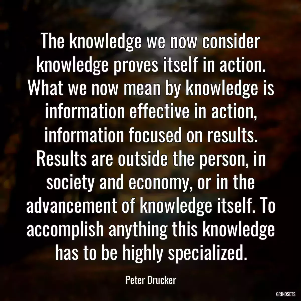 The knowledge we now consider knowledge proves itself in action. What we now mean by knowledge is information effective in action, information focused on results. Results are outside the person, in society and economy, or in the advancement of knowledge itself. To accomplish anything this knowledge has to be highly specialized.