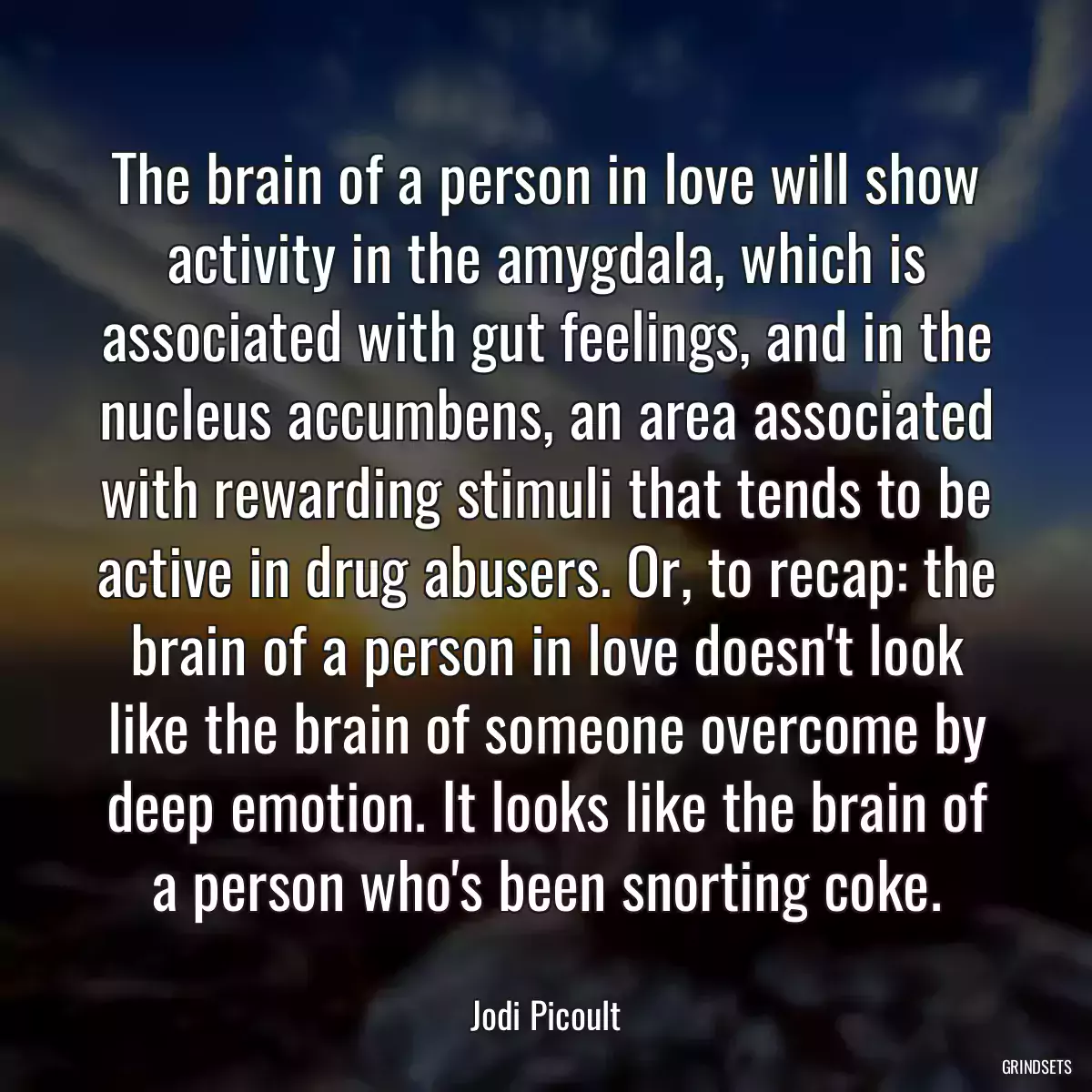 The brain of a person in love will show activity in the amygdala, which is associated with gut feelings, and in the nucleus accumbens, an area associated with rewarding stimuli that tends to be active in drug abusers. Or, to recap: the brain of a person in love doesn\'t look like the brain of someone overcome by deep emotion. It looks like the brain of a person who\'s been snorting coke.