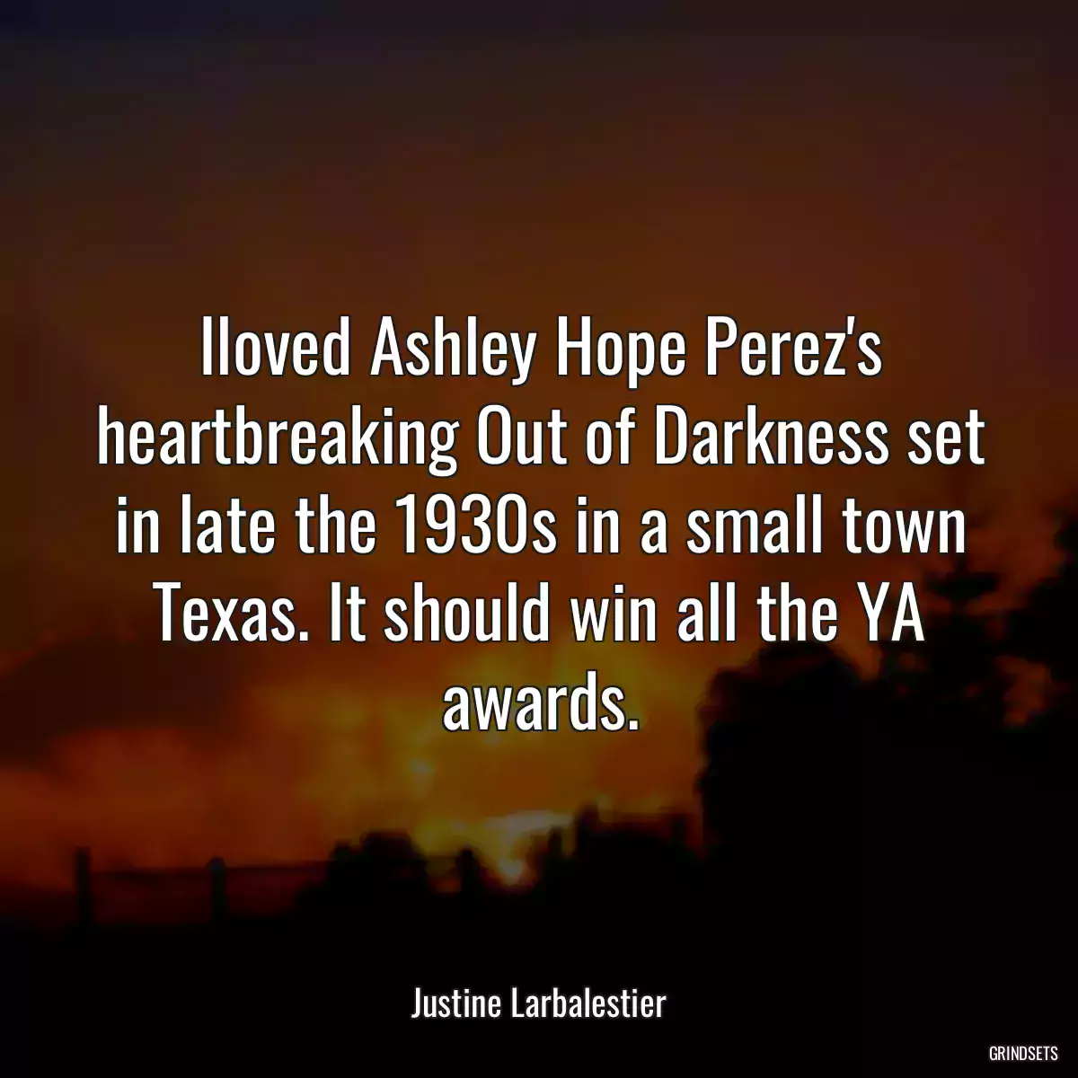 Iloved Ashley Hope Perez\'s heartbreaking Out of Darkness set in late the 1930s in a small town Texas. It should win all the YA awards.