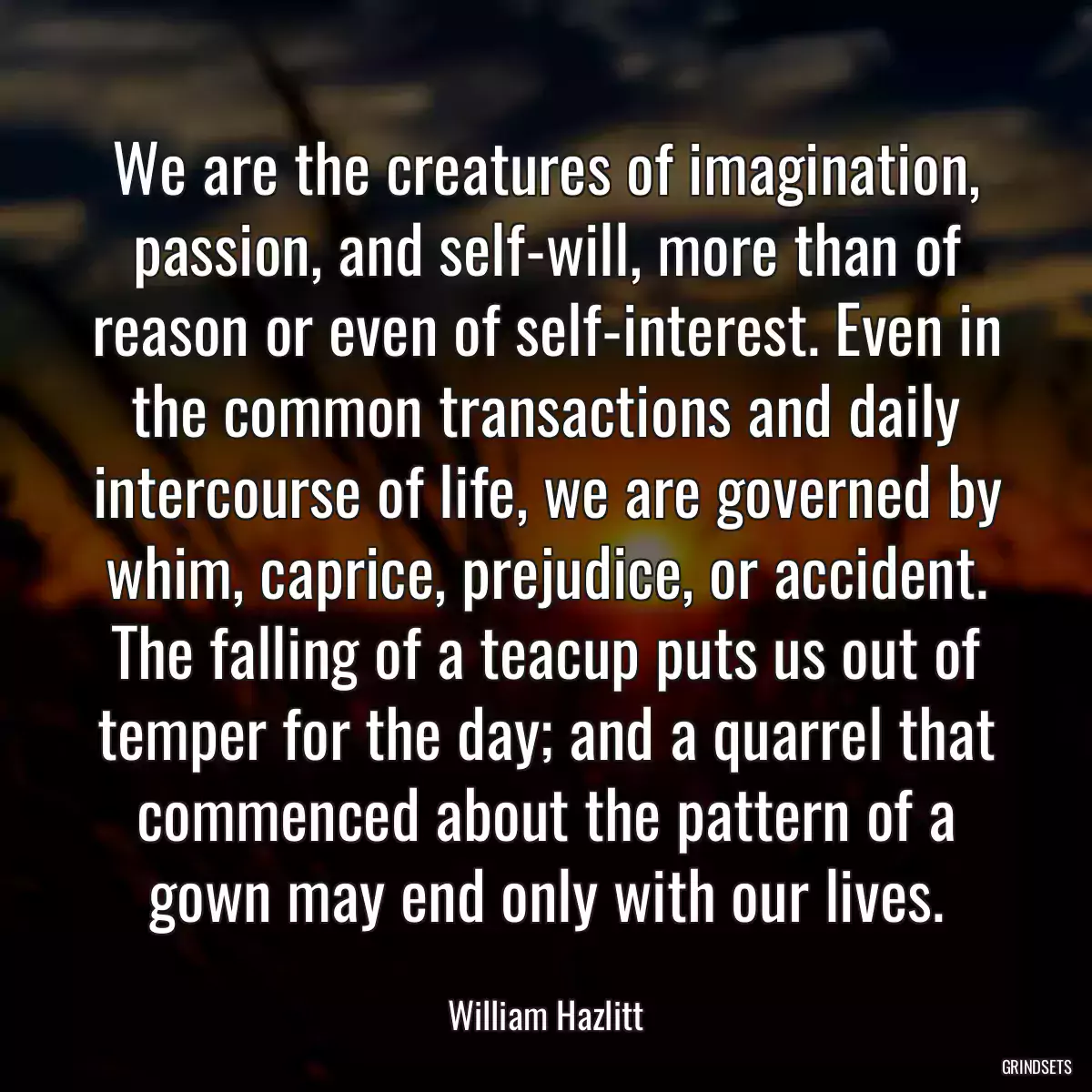 We are the creatures of imagination, passion, and self-will, more than of reason or even of self-interest. Even in the common transactions and daily intercourse of life, we are governed by whim, caprice, prejudice, or accident. The falling of a teacup puts us out of temper for the day; and a quarrel that commenced about the pattern of a gown may end only with our lives.