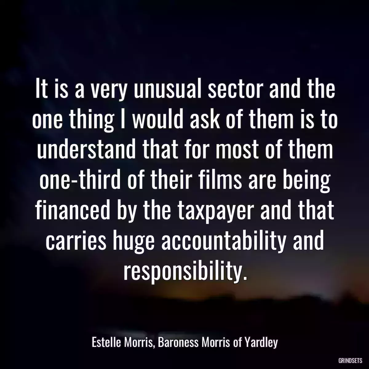 It is a very unusual sector and the one thing I would ask of them is to understand that for most of them one-third of their films are being financed by the taxpayer and that carries huge accountability and responsibility.