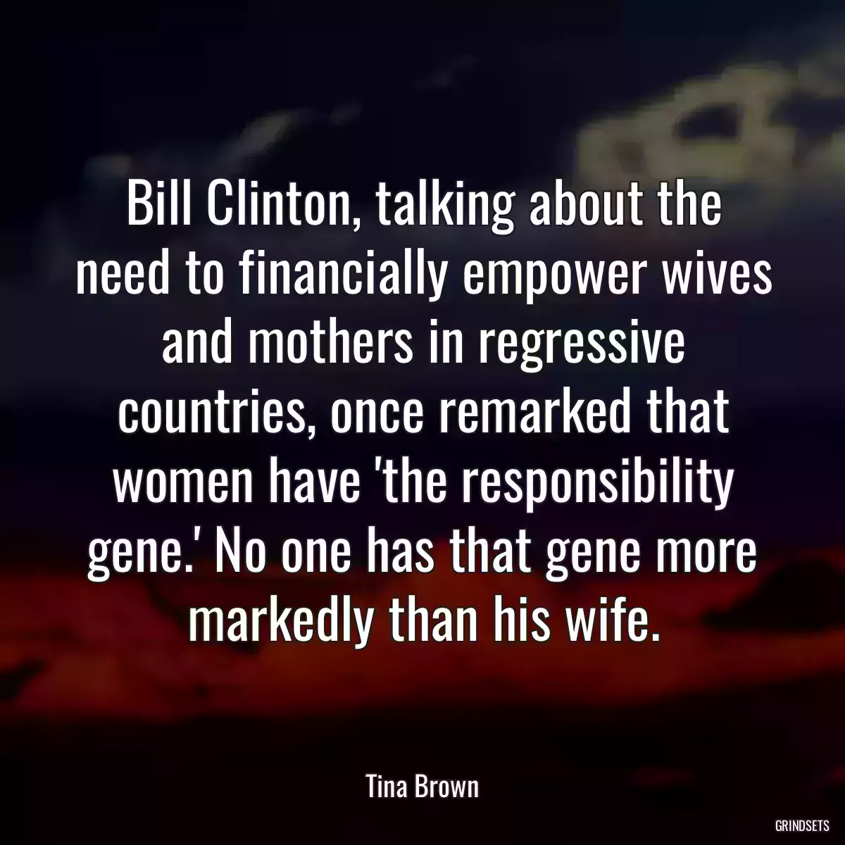 Bill Clinton, talking about the need to financially empower wives and mothers in regressive countries, once remarked that women have \'the responsibility gene.\' No one has that gene more markedly than his wife.