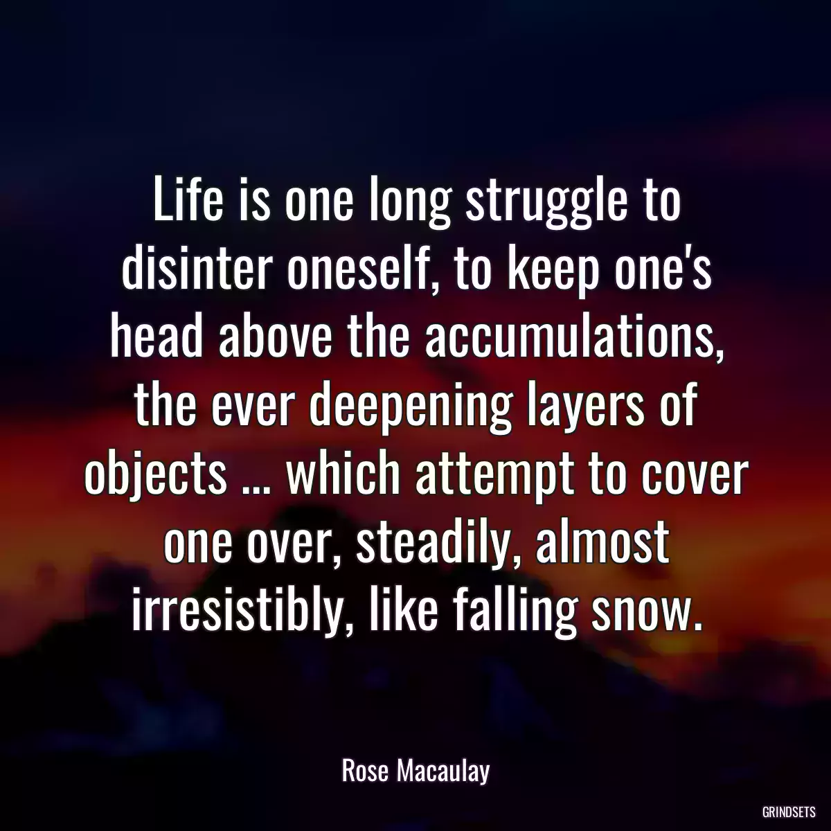 Life is one long struggle to disinter oneself, to keep one\'s head above the accumulations, the ever deepening layers of objects ... which attempt to cover one over, steadily, almost irresistibly, like falling snow.