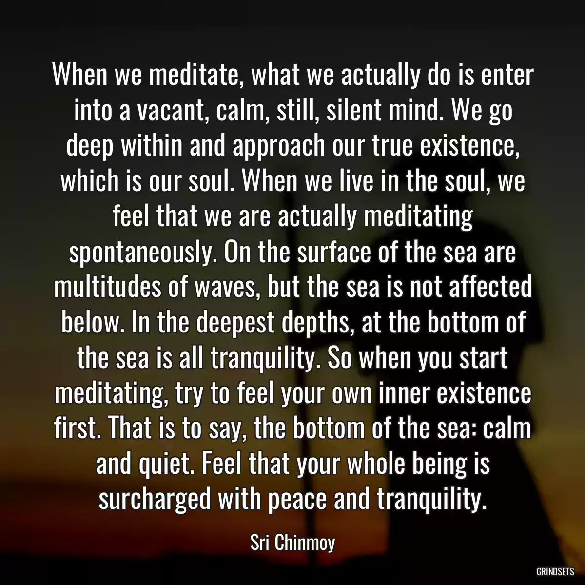 When we meditate, what we actually do is enter into a vacant, calm, still, silent mind. We go deep within and approach our true existence, which is our soul. When we live in the soul, we feel that we are actually meditating spontaneously. On the surface of the sea are multitudes of waves, but the sea is not affected below. In the deepest depths, at the bottom of the sea is all tranquility. So when you start meditating, try to feel your own inner existence first. That is to say, the bottom of the sea: calm and quiet. Feel that your whole being is surcharged with peace and tranquility.