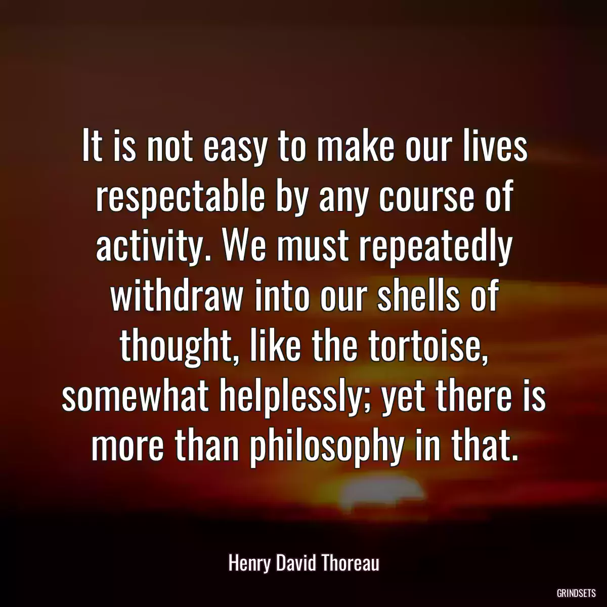 It is not easy to make our lives respectable by any course of activity. We must repeatedly withdraw into our shells of thought, like the tortoise, somewhat helplessly; yet there is more than philosophy in that.