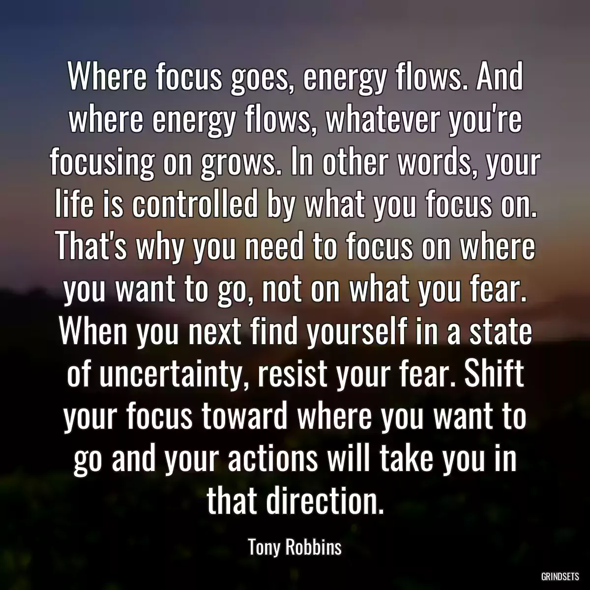 Where focus goes, energy flows. And where energy flows, whatever you\'re focusing on grows. In other words, your life is controlled by what you focus on. That\'s why you need to focus on where you want to go, not on what you fear. When you next find yourself in a state of uncertainty, resist your fear. Shift your focus toward where you want to go and your actions will take you in that direction.