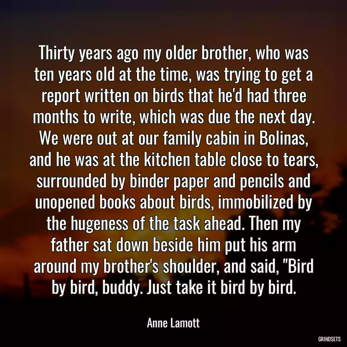 Thirty years ago my older brother, who was ten years old at the time, was trying to get a report written on birds that he\'d had three months to write, which was due the next day. We were out at our family cabin in Bolinas, and he was at the kitchen table close to tears, surrounded by binder paper and pencils and unopened books about birds, immobilized by the hugeness of the task ahead. Then my father sat down beside him put his arm around my brother\'s shoulder, and said, \