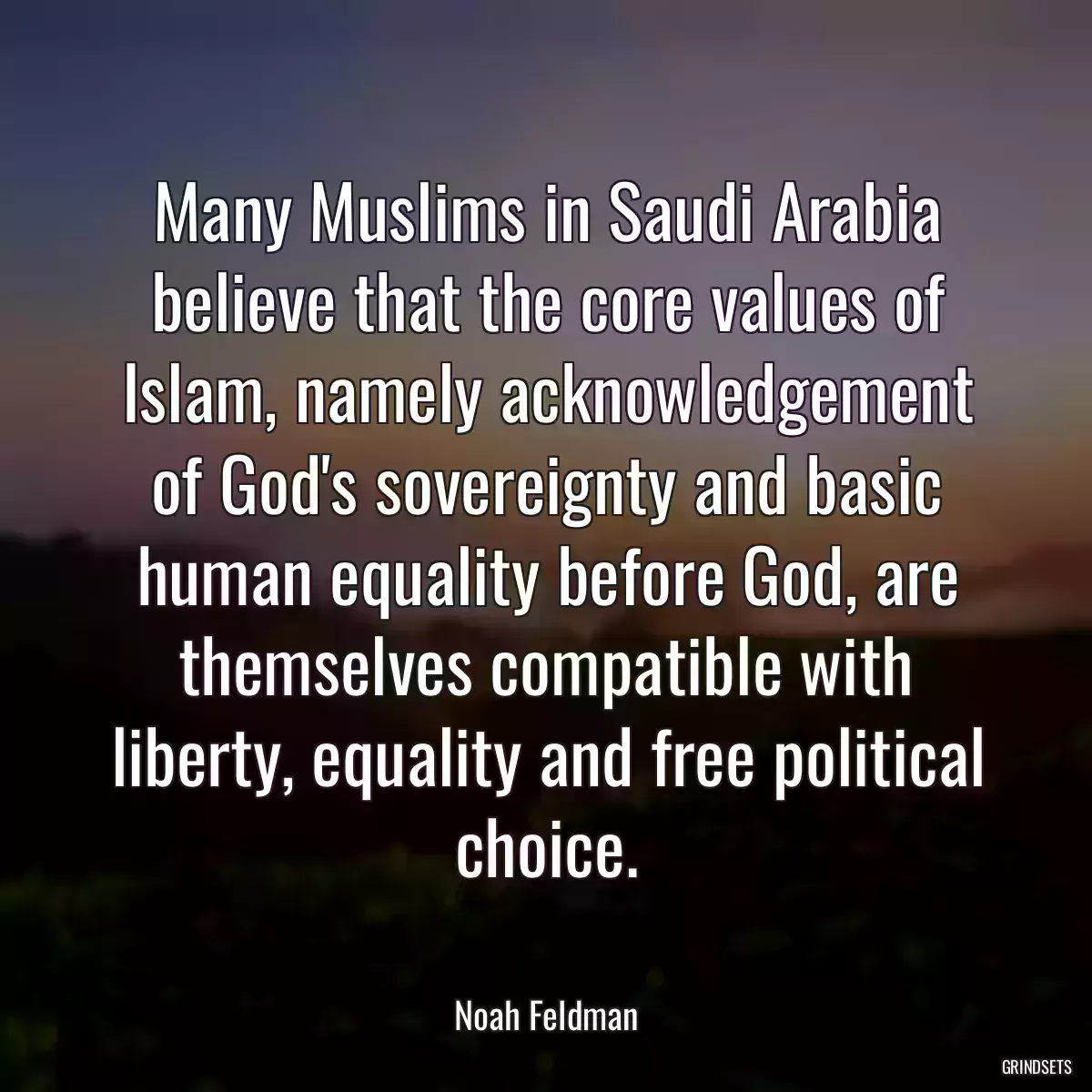 Many Muslims in Saudi Arabia believe that the core values of Islam, namely acknowledgement of God\'s sovereignty and basic human equality before God, are themselves compatible with liberty, equality and free political choice.