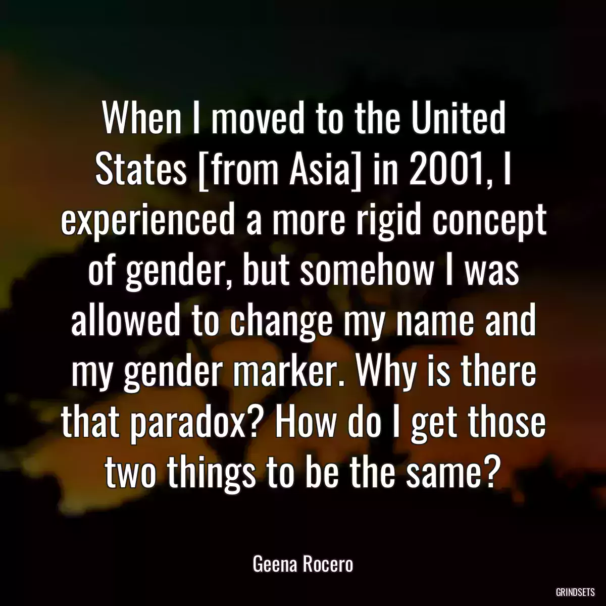 When I moved to the United States [from Asia] in 2001, I experienced a more rigid concept of gender, but somehow I was allowed to change my name and my gender marker. Why is there that paradox? How do I get those two things to be the same?