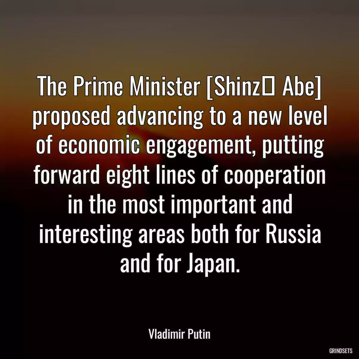 The Prime Minister [Shinzō Abe] proposed advancing to a new level of economic engagement, putting forward eight lines of cooperation in the most important and interesting areas both for Russia and for Japan.