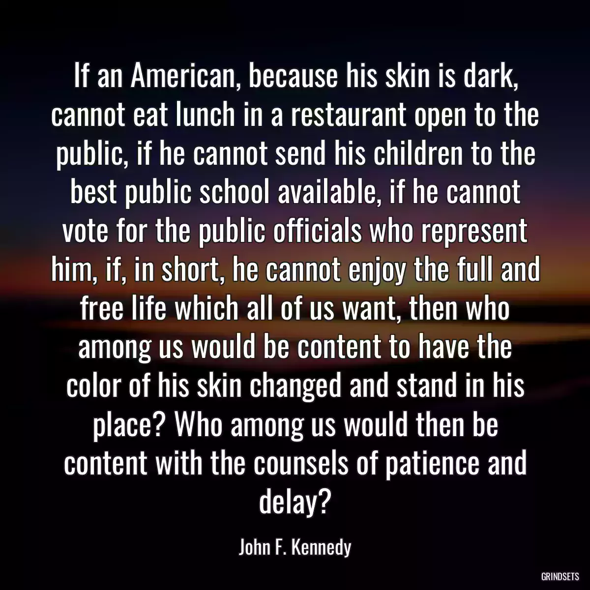 If an American, because his skin is dark, cannot eat lunch in a restaurant open to the public, if he cannot send his children to the best public school available, if he cannot vote for the public officials who represent him, if, in short, he cannot enjoy the full and free life which all of us want, then who among us would be content to have the color of his skin changed and stand in his place? Who among us would then be content with the counsels of patience and delay?