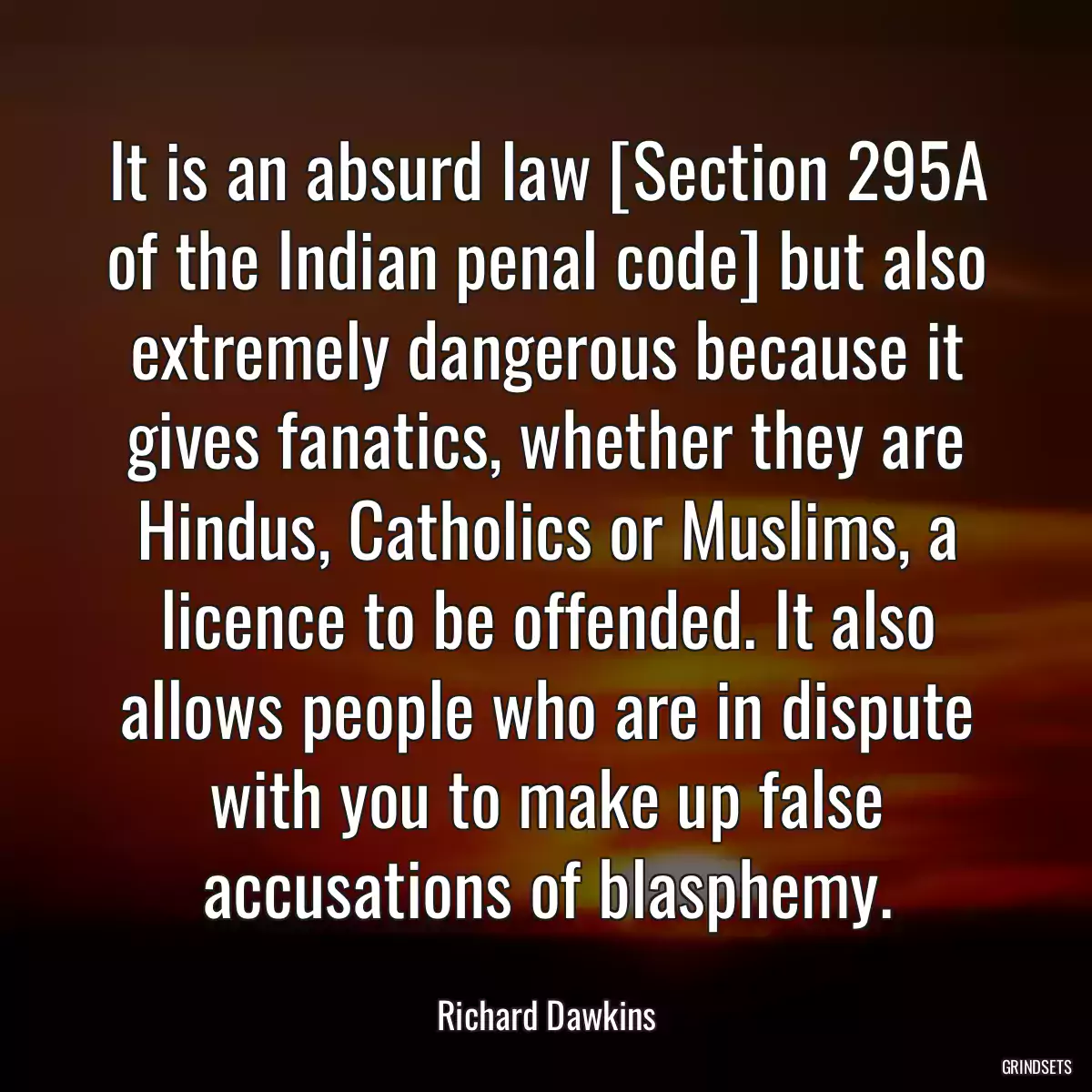 It is an absurd law [Section 295A of the Indian penal code] but also extremely dangerous because it gives fanatics, whether they are Hindus, Catholics or Muslims, a licence to be offended. It also allows people who are in dispute with you to make up false accusations of blasphemy.