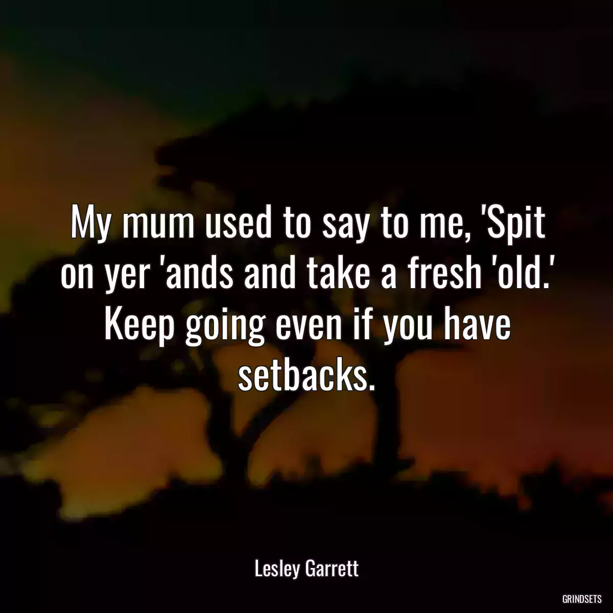 My mum used to say to me, \'Spit on yer \'ands and take a fresh \'old.\' Keep going even if you have setbacks.