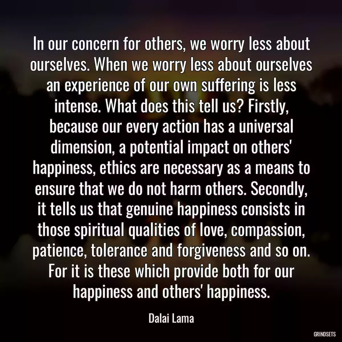 In our concern for others, we worry less about ourselves. When we worry less about ourselves an experience of our own suffering is less intense. What does this tell us? Firstly, because our every action has a universal dimension, a potential impact on others\' happiness, ethics are necessary as a means to ensure that we do not harm others. Secondly, it tells us that genuine happiness consists in those spiritual qualities of love, compassion, patience, tolerance and forgiveness and so on. For it is these which provide both for our happiness and others\' happiness.