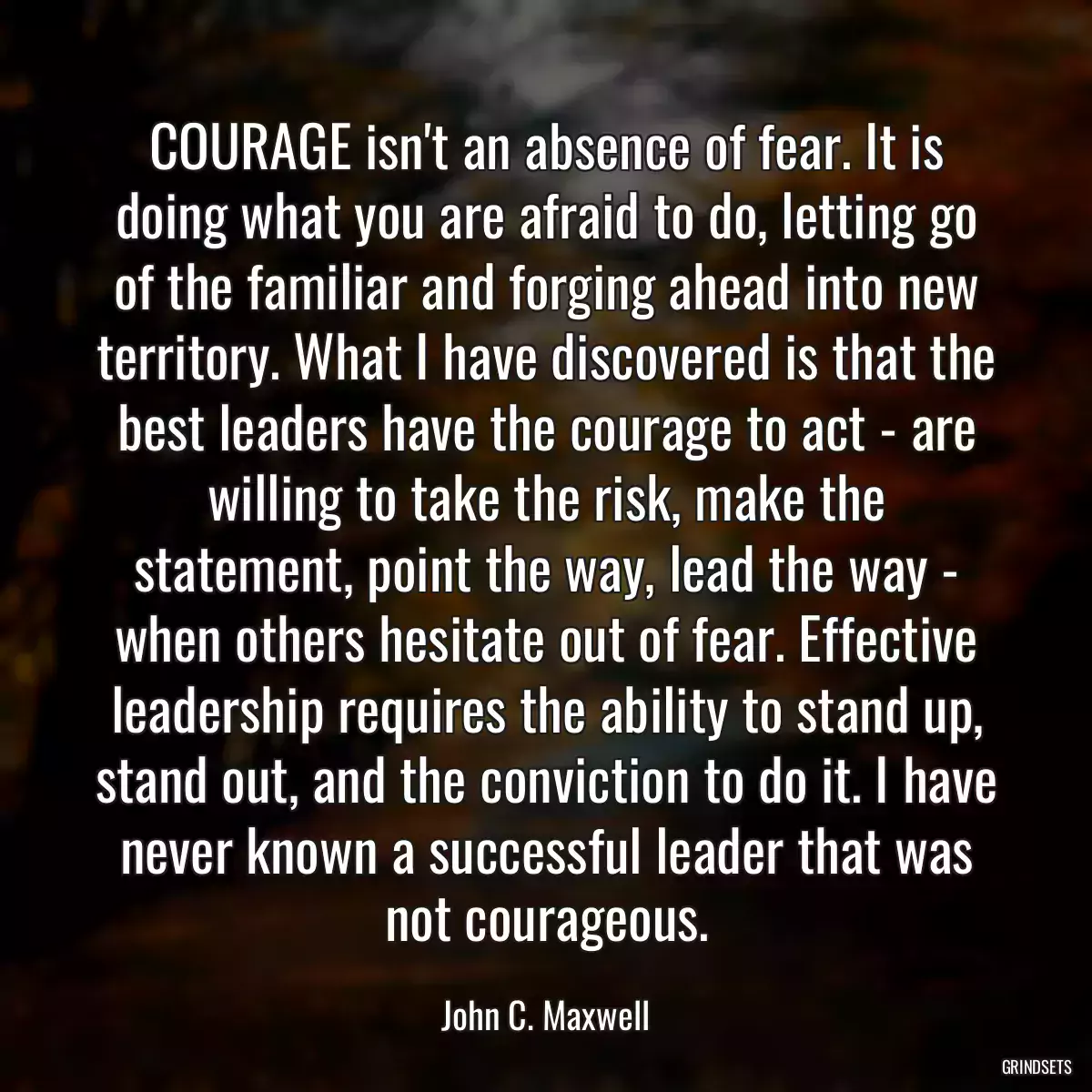 COURAGE isn\'t an absence of fear. It is doing what you are afraid to do, letting go of the familiar and forging ahead into new territory. What I have discovered is that the best leaders have the courage to act - are willing to take the risk, make the statement, point the way, lead the way - when others hesitate out of fear. Effective leadership requires the ability to stand up, stand out, and the conviction to do it. I have never known a successful leader that was not courageous.