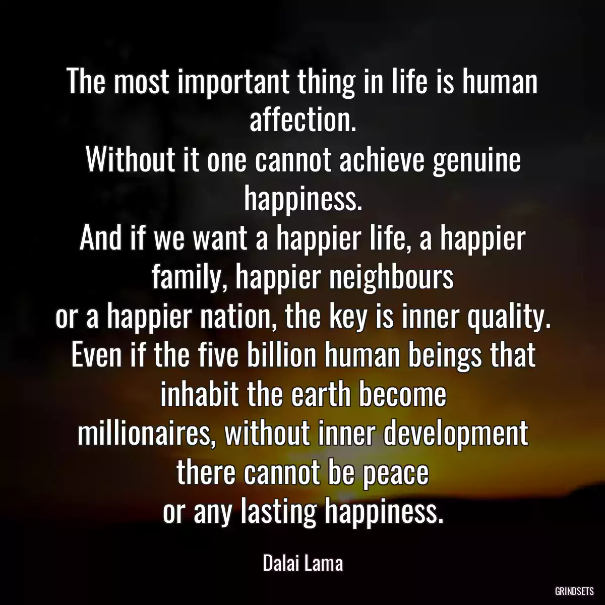 The most important thing in life is human affection.
Without it one cannot achieve genuine happiness.
And if we want a happier life, a happier family, happier neighbours
or a happier nation, the key is inner quality.
Even if the five billion human beings that inhabit the earth become
millionaires, without inner development there cannot be peace
or any lasting happiness.