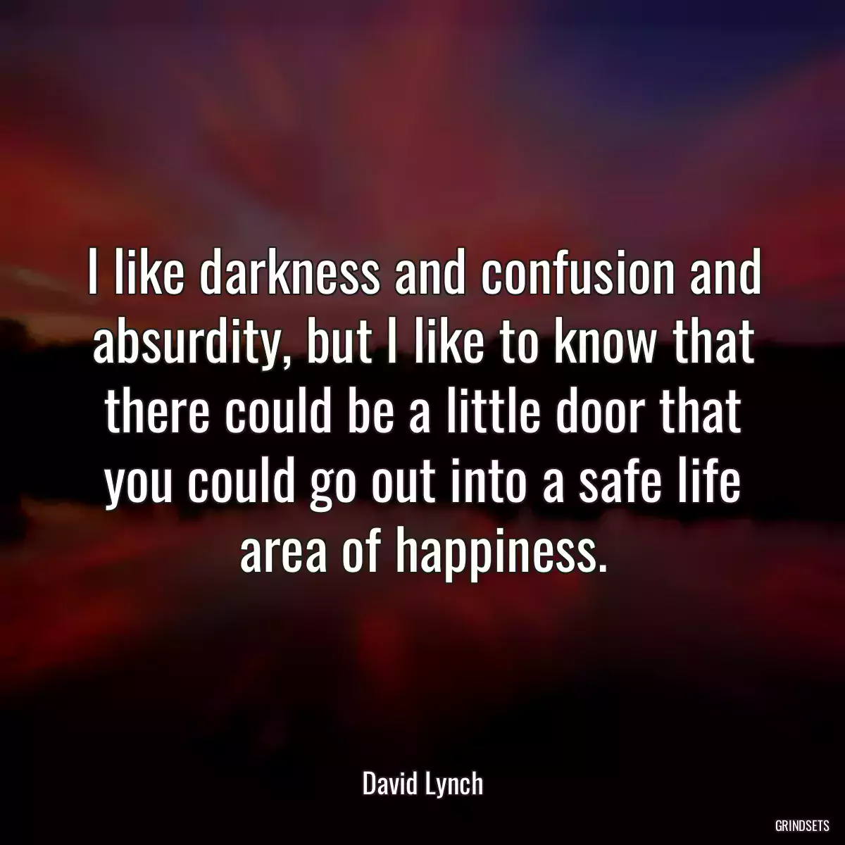 I like darkness and confusion and absurdity, but I like to know that there could be a little door that you could go out into a safe life area of happiness.