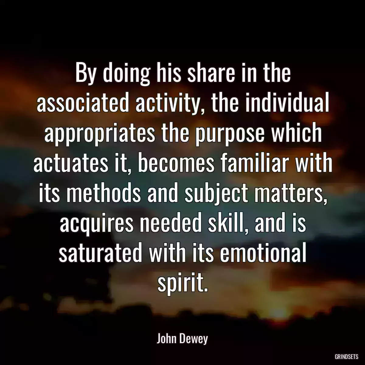 By doing his share in the associated activity, the individual appropriates the purpose which actuates it, becomes familiar with its methods and subject matters, acquires needed skill, and is saturated with its emotional spirit.