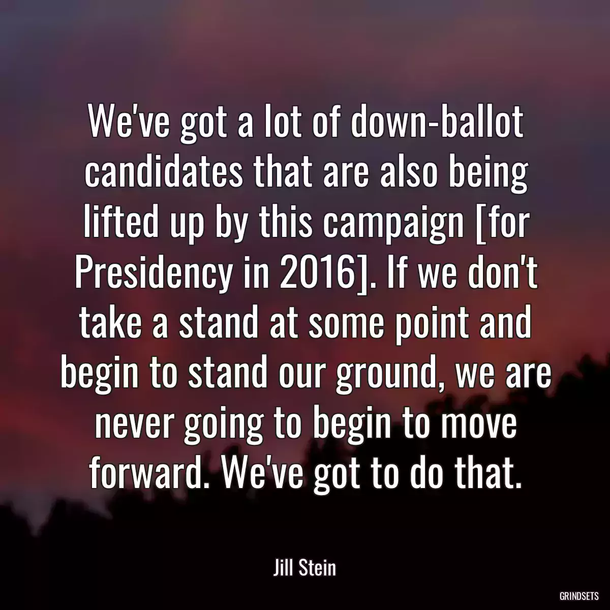 We\'ve got a lot of down-ballot candidates that are also being lifted up by this campaign [for Presidency in 2016]. If we don\'t take a stand at some point and begin to stand our ground, we are never going to begin to move forward. We\'ve got to do that.