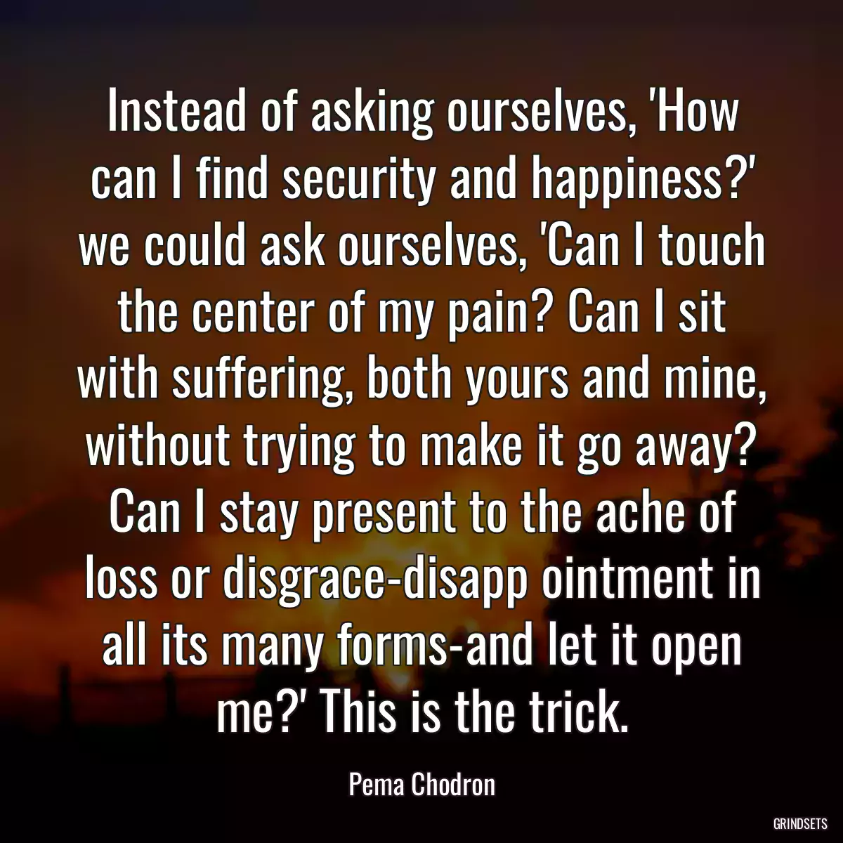 Instead of asking ourselves, \'How can I find security and happiness?\' we could ask ourselves, \'Can I touch the center of my pain? Can I sit with suffering, both yours and mine, without trying to make it go away? Can I stay present to the ache of loss or disgrace-disapp ointment in all its many forms-and let it open me?\' This is the trick.