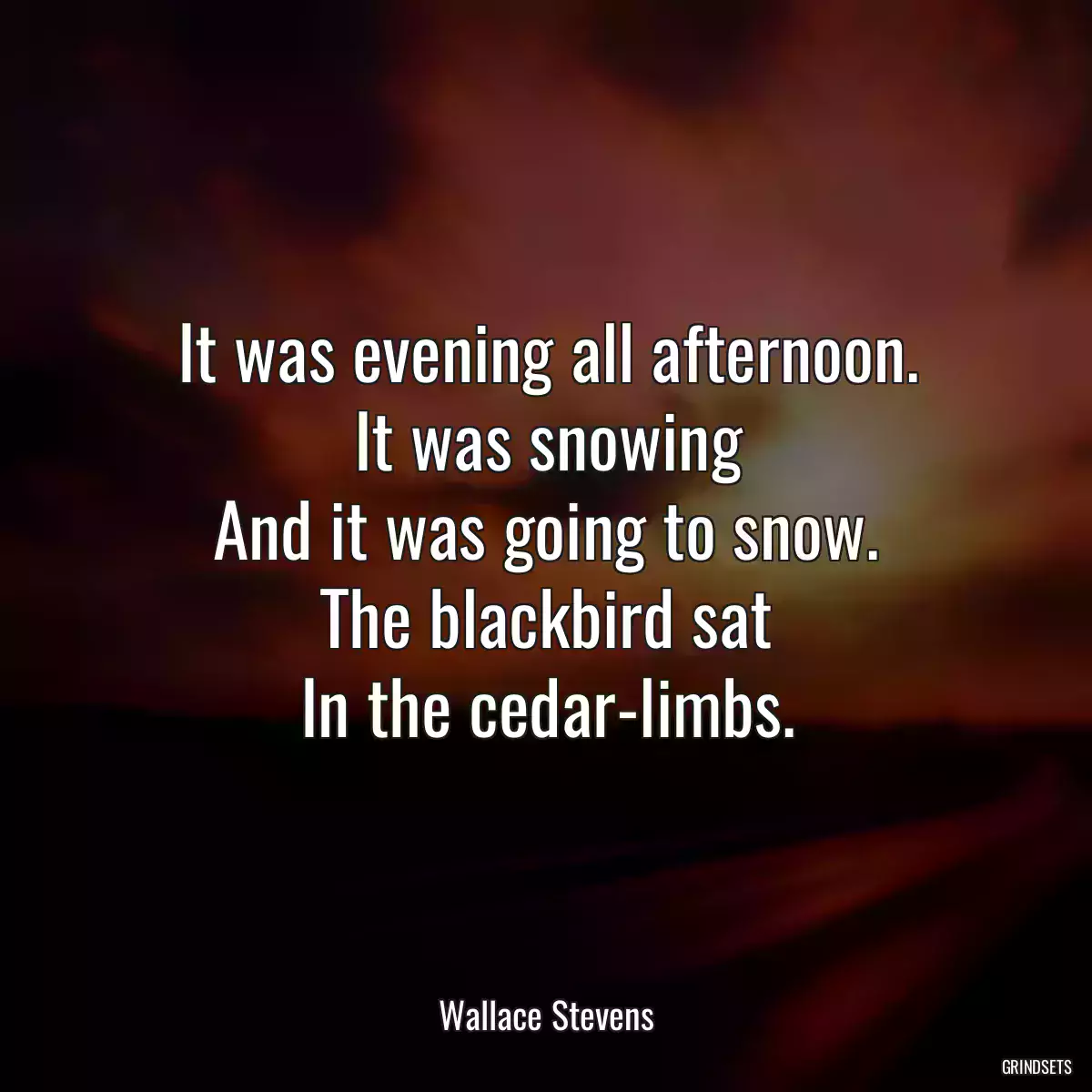 It was evening all afternoon.
It was snowing
And it was going to snow.
The blackbird sat
In the cedar-limbs.