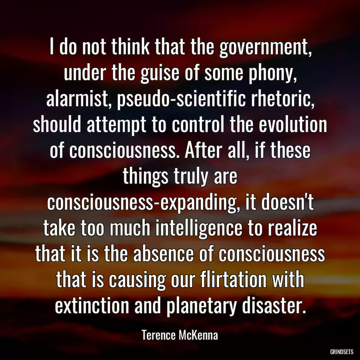 I do not think that the government, under the guise of some phony, alarmist, pseudo-scientific rhetoric, should attempt to control the evolution of consciousness. After all, if these things truly are consciousness-expanding, it doesn\'t take too much intelligence to realize that it is the absence of consciousness that is causing our flirtation with extinction and planetary disaster.