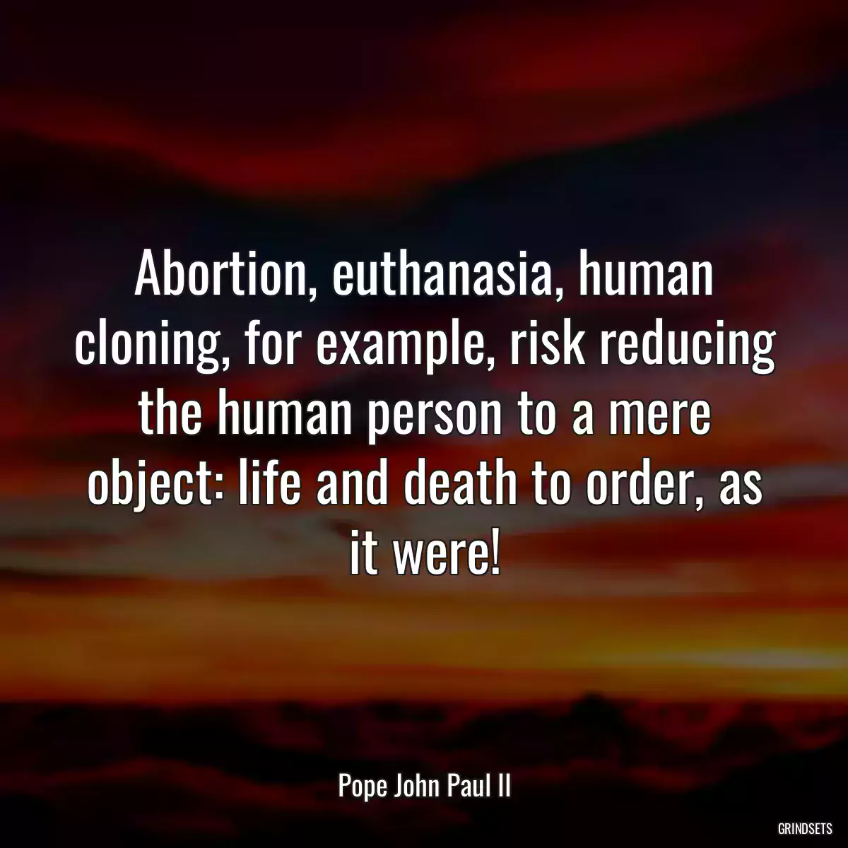 Abortion, euthanasia, human cloning, for example, risk reducing the human person to a mere object: life and death to order, as it were!