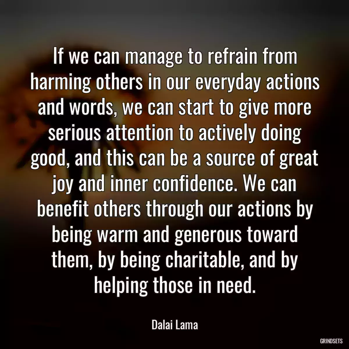 If we can manage to refrain from harming others in our everyday actions and words, we can start to give more serious attention to actively doing good, and this can be a source of great joy and inner confidence. We can benefit others through our actions by being warm and generous toward them, by being charitable, and by helping those in need.