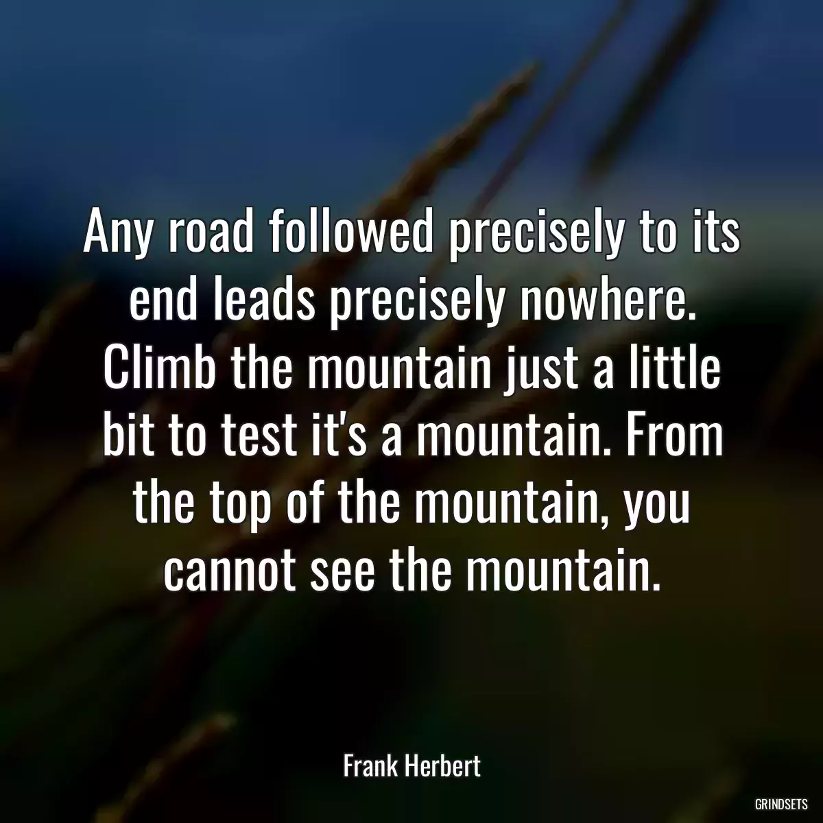 Any road followed precisely to its end leads precisely nowhere. Climb the mountain just a little bit to test it\'s a mountain. From the top of the mountain, you cannot see the mountain.