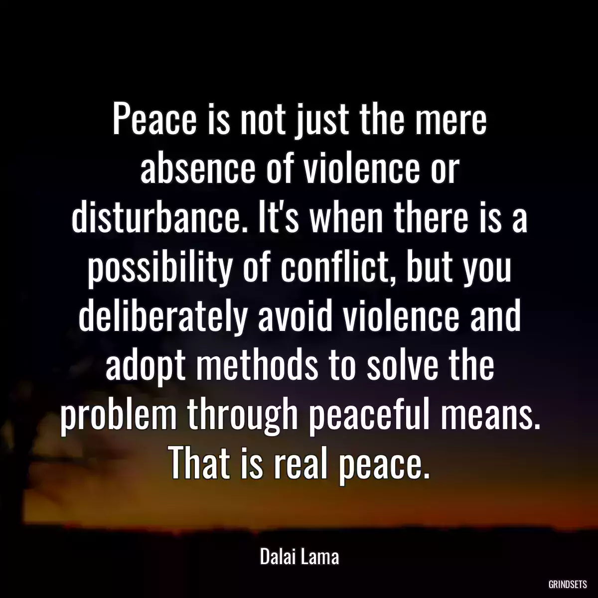 Peace is not just the mere absence of violence or disturbance. It\'s when there is a possibility of conflict, but you deliberately avoid violence and adopt methods to solve the problem through peaceful means. That is real peace.