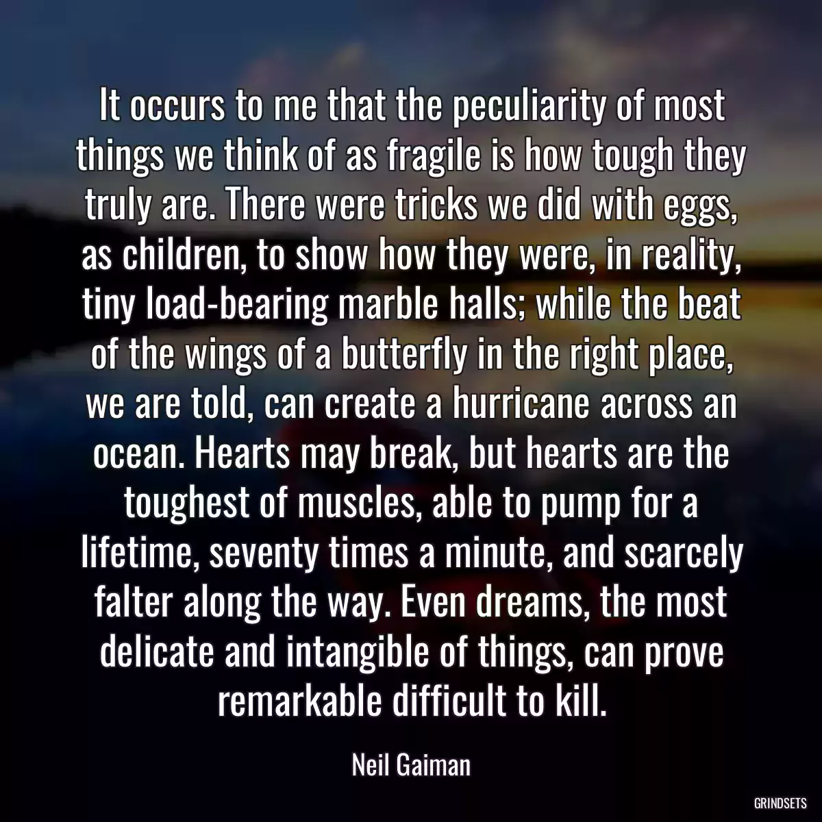 It occurs to me that the peculiarity of most things we think of as fragile is how tough they truly are. There were tricks we did with eggs, as children, to show how they were, in reality, tiny load-bearing marble halls; while the beat of the wings of a butterfly in the right place, we are told, can create a hurricane across an ocean. Hearts may break, but hearts are the toughest of muscles, able to pump for a lifetime, seventy times a minute, and scarcely falter along the way. Even dreams, the most delicate and intangible of things, can prove remarkable difficult to kill.