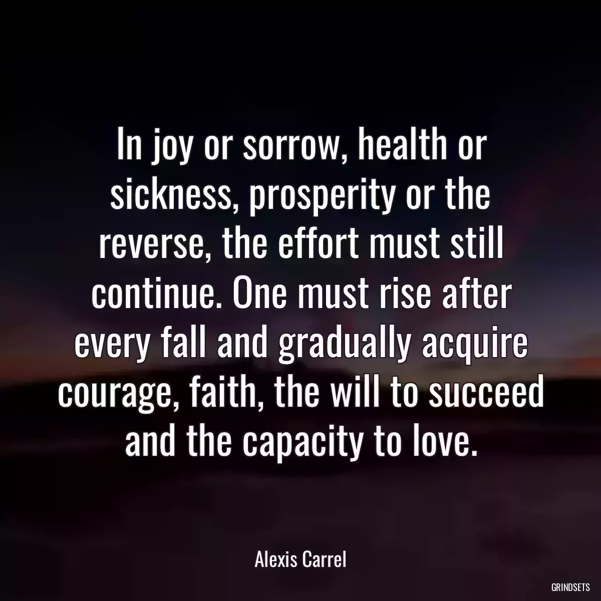 In joy or sorrow, health or sickness, prosperity or the reverse, the effort must still continue. One must rise after every fall and gradually acquire courage, faith, the will to succeed and the capacity to love.