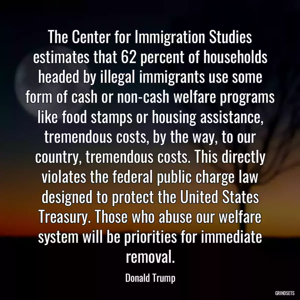 The Center for Immigration Studies estimates that 62 percent of households headed by illegal immigrants use some form of cash or non-cash welfare programs like food stamps or housing assistance, tremendous costs, by the way, to our country, tremendous costs. This directly violates the federal public charge law designed to protect the United States Treasury. Those who abuse our welfare system will be priorities for immediate removal.