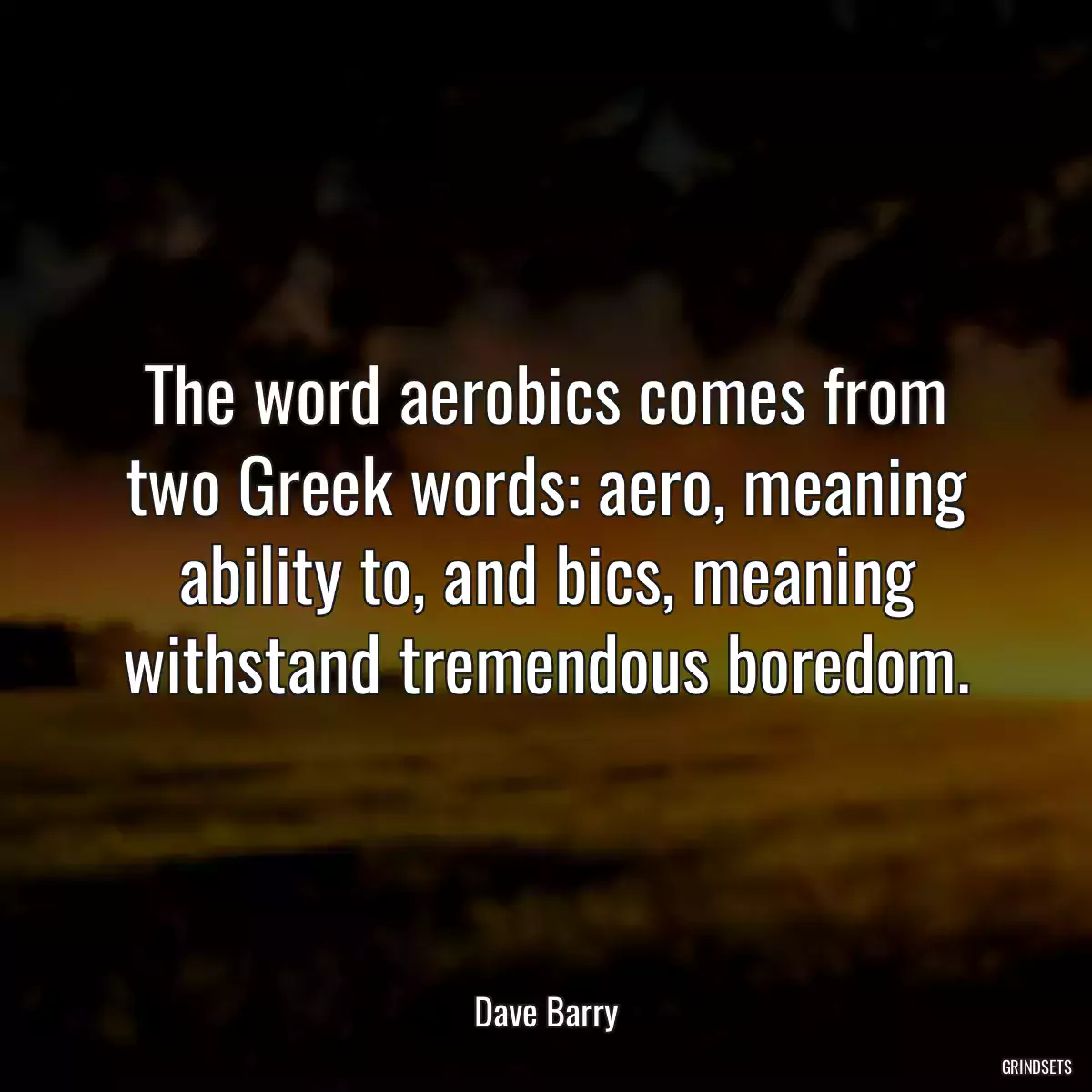 The word aerobics comes from two Greek words: aero, meaning ability to, and bics, meaning withstand tremendous boredom.