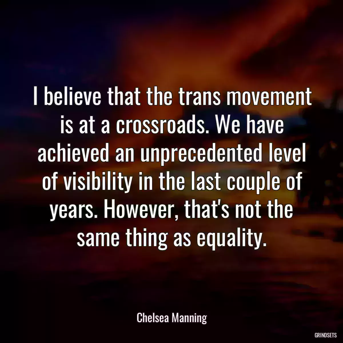 I believe that the trans movement is at a crossroads. We have achieved an unprecedented level of visibility in the last couple of years. However, that\'s not the same thing as equality.