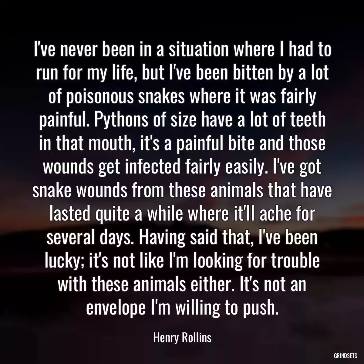 I\'ve never been in a situation where I had to run for my life, but I\'ve been bitten by a lot of poisonous snakes where it was fairly painful. Pythons of size have a lot of teeth in that mouth, it\'s a painful bite and those wounds get infected fairly easily. I\'ve got snake wounds from these animals that have lasted quite a while where it\'ll ache for several days. Having said that, I\'ve been lucky; it\'s not like I\'m looking for trouble with these animals either. It\'s not an envelope I\'m willing to push.