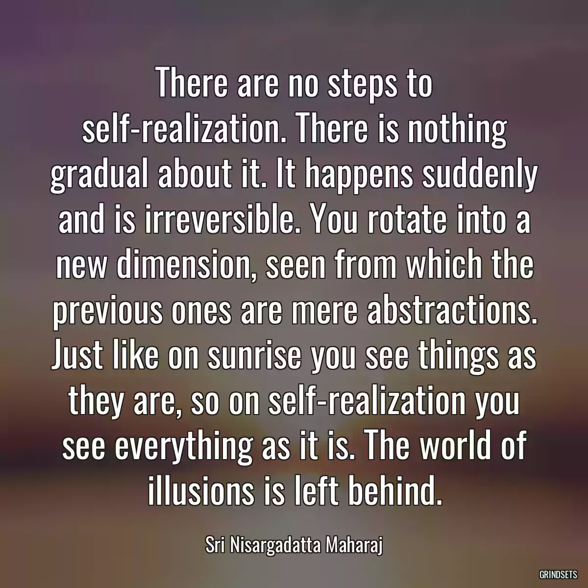 There are no steps to self-realization. There is nothing gradual about it. It happens suddenly and is irreversible. You rotate into a new dimension, seen from which the previous ones are mere abstractions. Just like on sunrise you see things as they are, so on self-realization you see everything as it is. The world of illusions is left behind.