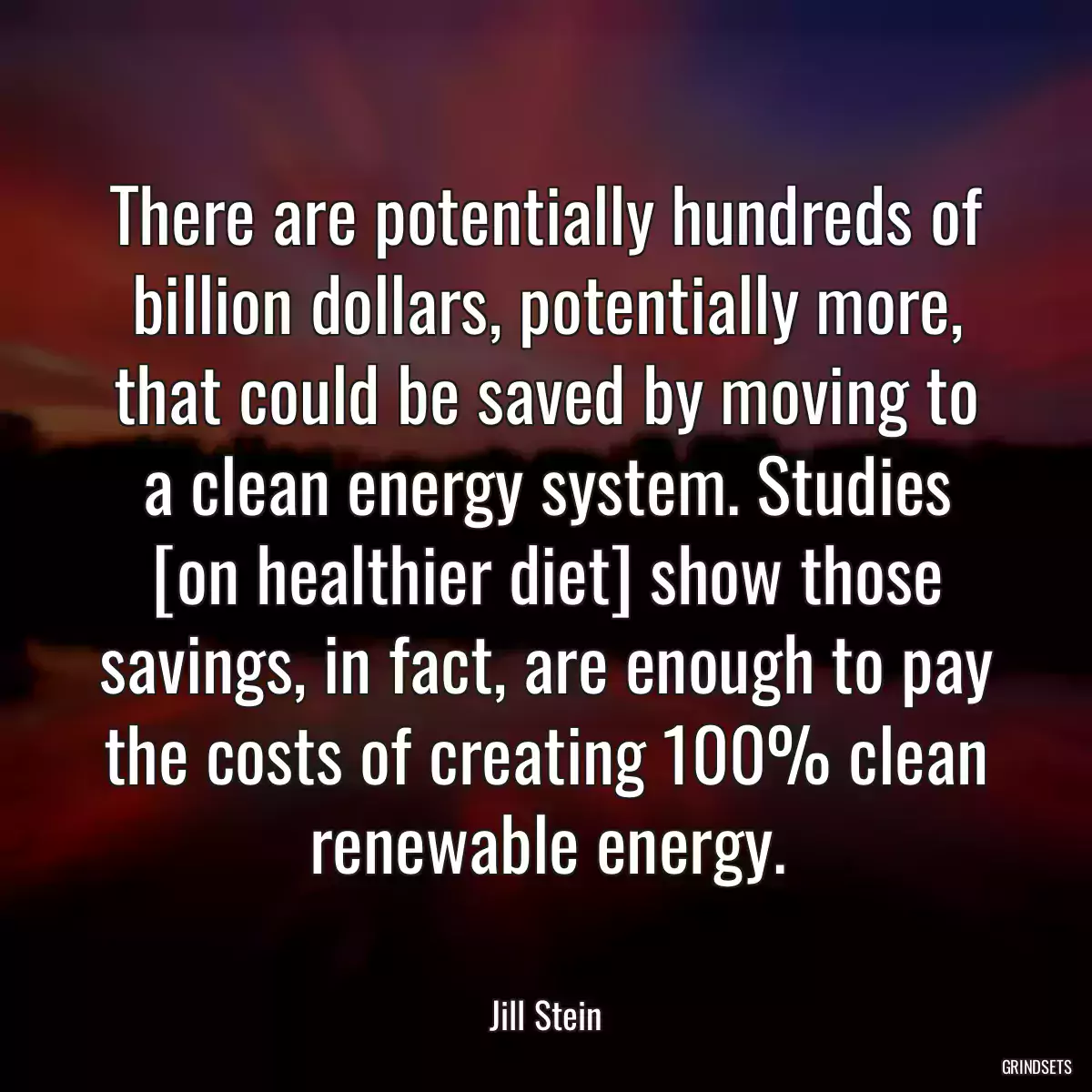 There are potentially hundreds of billion dollars, potentially more, that could be saved by moving to a clean energy system. Studies [on healthier diet] show those savings, in fact, are enough to pay the costs of creating 100% clean renewable energy.